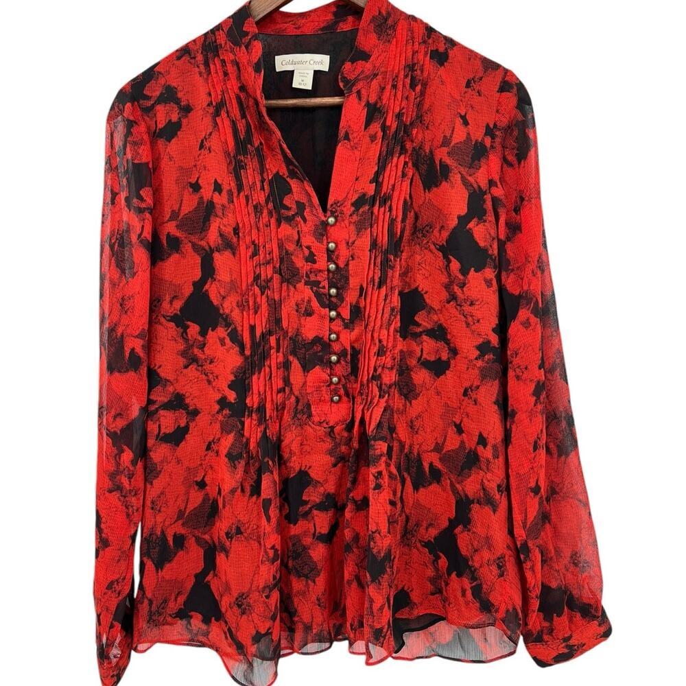 Coldwater Creek Red and Black Floral Pintucked Long Sleeve Blouse Size Medium